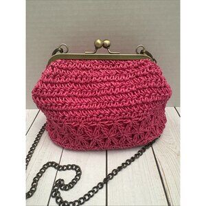 Sun ‘N’ Sand Hot Pink Kisslock Woven Shoulder Bag/Purse Chain 9x6x4” VGUC